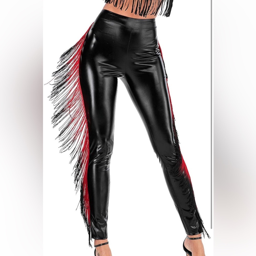 Womens High Waist Stretchy Pants, Tassels Faux Leather Black,XXXL